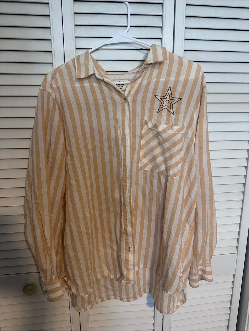 Marine Layer Cream and Tan Striped Shirt with Star Patch